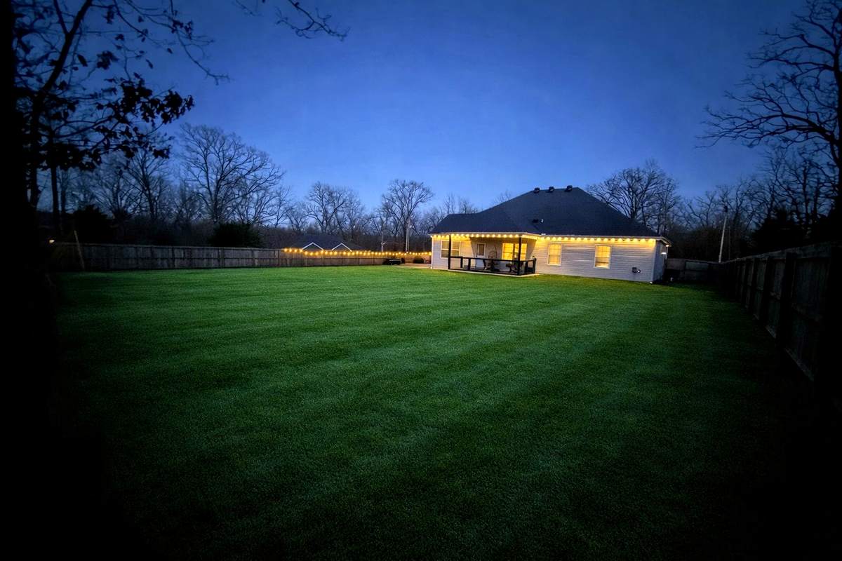 Backyard at dusk with the house lit